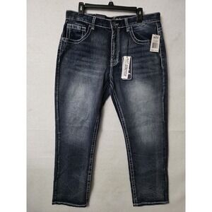 True Luck Men's Dark Blast Straight Leg Jeans White Stitching Accents Size 36x30